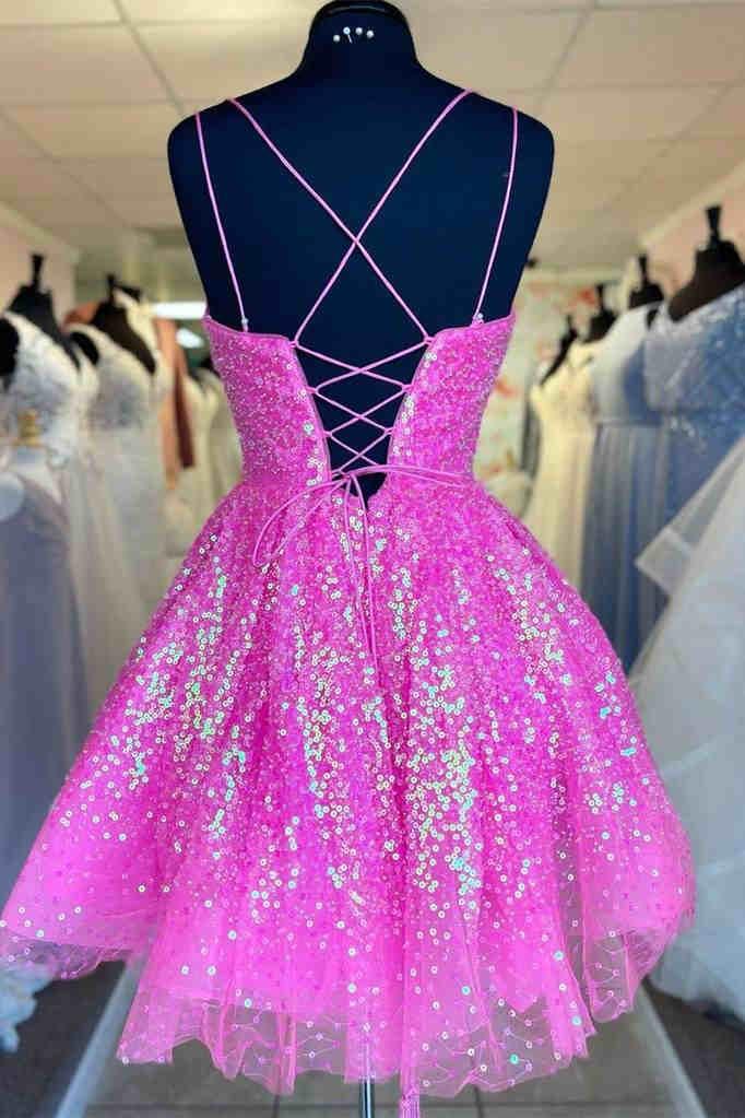Cute Hot Pink Sequins A-Line Homecoming Dress Short Prom Dress HD0177 - Tirdress
