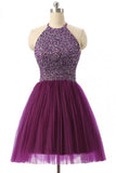 Cute A-Line Halter Sleeveless Short Purple Homecoming Dress TP0005 - Tirdress