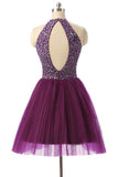Cute A-Line Halter Sleeveless Short Purple Homecoming Dress TP0005 - Tirdress