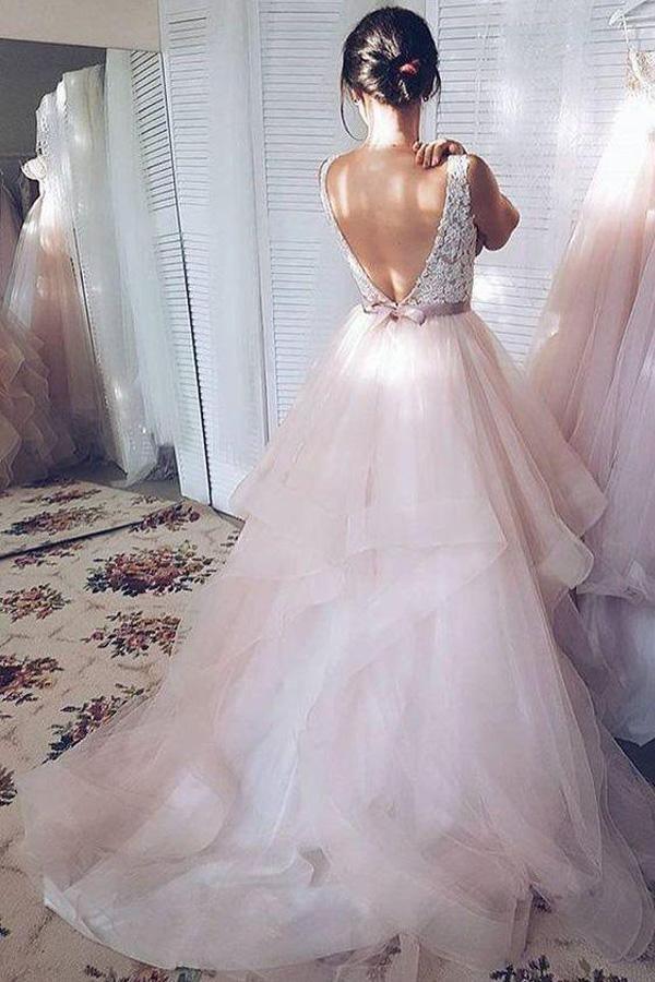 Cute Ball Gown V Neck Pink Tulle Lace Wedding Dresses TN246 - Tirdress