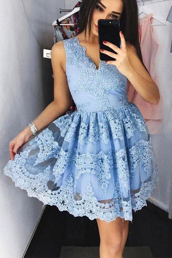 Cute Blue Lace Short Prom Dress Blue Lace Homecoming Dress PG172 - Tirdress