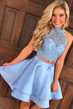 Cute Blue Two Pieces Lace Satin Short Prom Dress Homecoming Dress PG196 - Tirdress