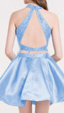 Cute Blue Two Pieces Lace Satin Short Prom Dress Homecoming Dress PG196 - Tirdress
