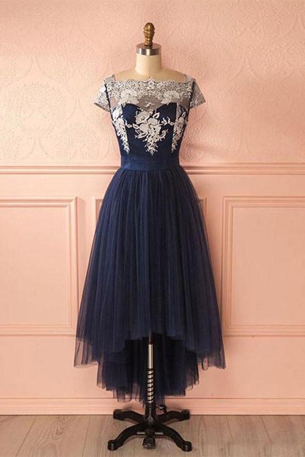 Cute Dark Blue Tulle Lace High Low Prom Dress Evening Dresses PG421 - Tirdress