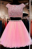 Cute Jewel Two Pieces Beading Pink Homecoming Dress TR0049