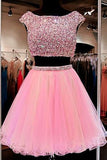 Cute Jewel Two Pieces Beading Pink Homecoming Dress TR0049 - Tirdress