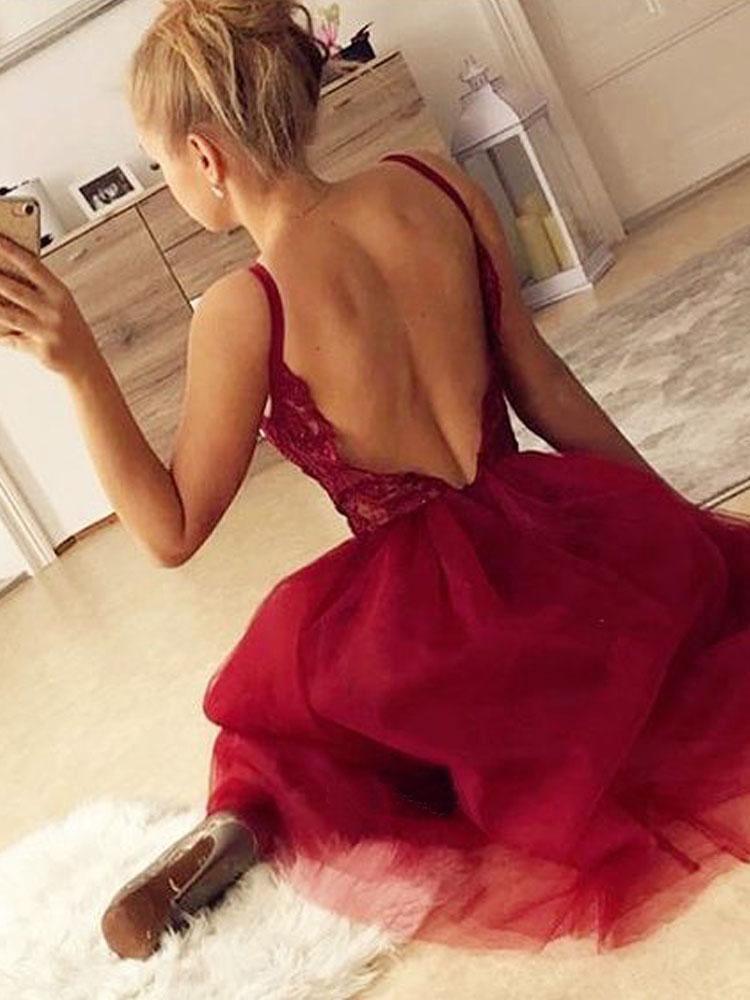 Cute A Line V Neck Spaghetti Straps Dark Red Short Homecoming Dresses with Lace HD0048 - Tirdress