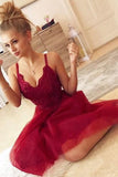 Cute A Line V Neck Spaghetti Straps Dark Red Short Homecoming Dresses with Lace HD0048