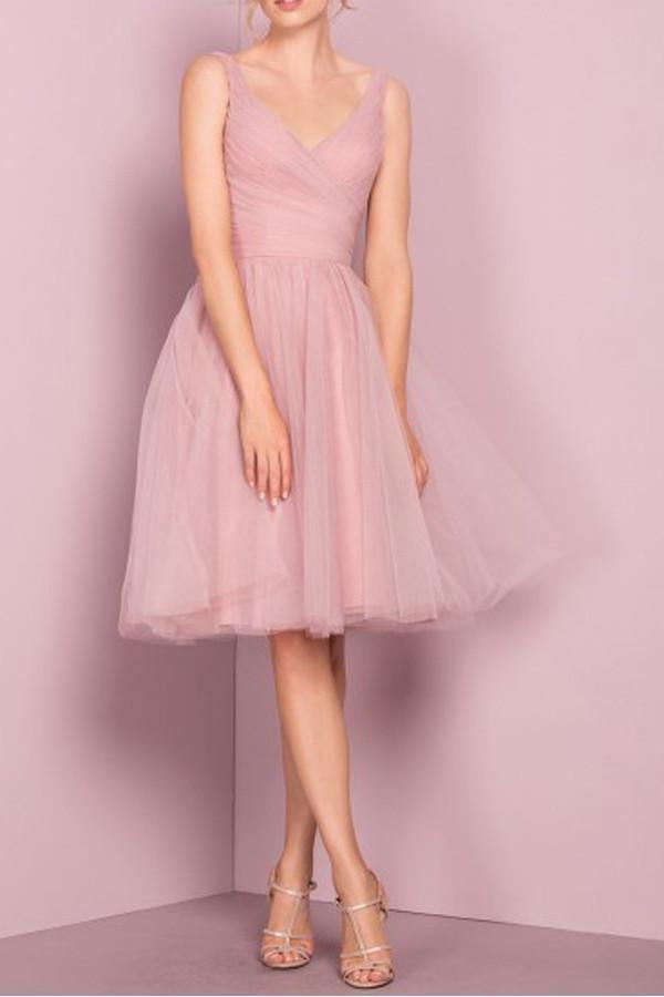 Cute V Neck Knee Length Pink Homecoming Dress Short Prom Dresses PG151 - Tirdress
