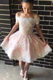 Cute Off The Shoulder A-line Short Pink Lace Homecoming Dress PG143 - Tirdress