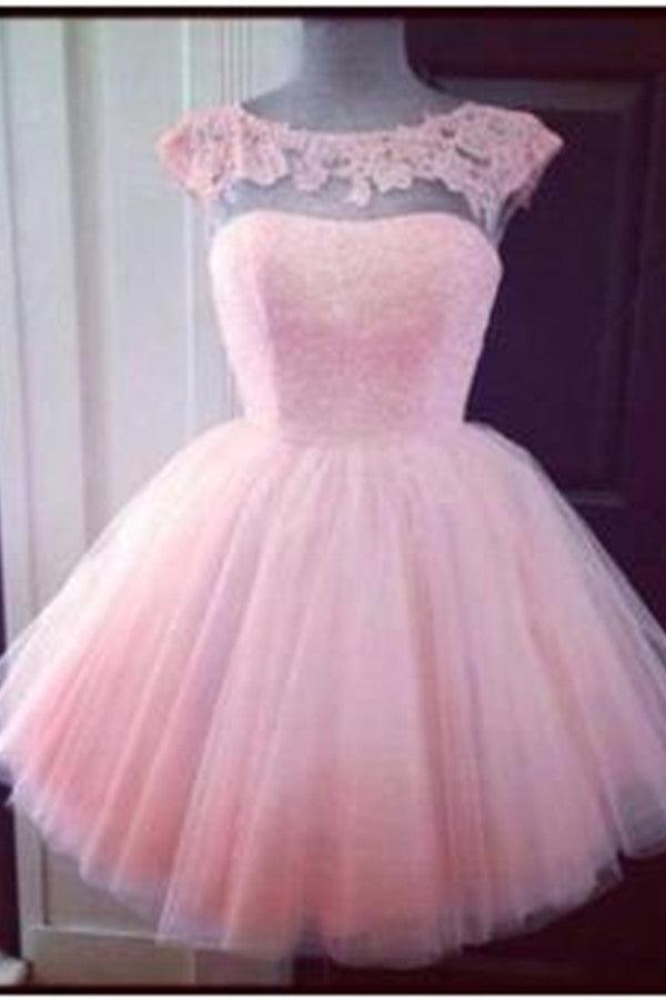 Cute Pink Cap Sleeve Appliques Homecoming Dress Mini Tulle TR0036 - Tirdress