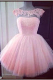 Jolie robe de soirée à manches courtes rose avec appliques Mini tulle TR0036