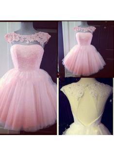 Cute Pink Cap Sleeve Appliques Homecoming Dress Mini Tulle TR0036 - Tirdress