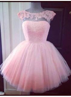 Cute Pink Cap Sleeve Appliques Homecoming Dress Mini Tulle TR0036 - Tirdress