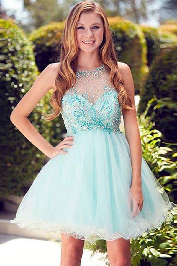 Cute Round neck Tulle Beads Sequin Short Prom Dress Homecoming Dress PG170 - Tirdress