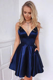 Süßes blaues kurzes Ballkleid mit tiefem V-Ausschnitt und Satinträgern, Heimkehrkleid HD0105 