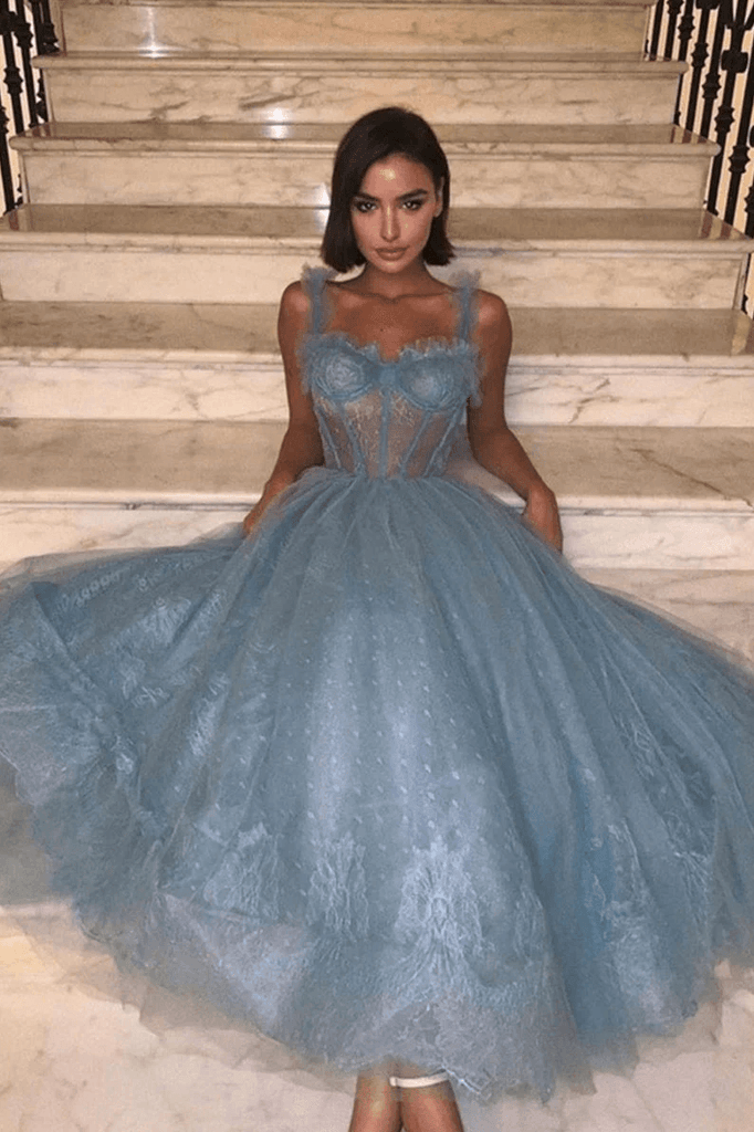 Gray Blue Tulle Lace Formal Dress Prom Dress Tulle Lace Evening Dress HD0142 - Tirdress