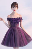 Robes de bal courtes en tulle à épaules dénudées violet foncé HD0152