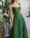Dark Green Lace Prom Dresses Spaghetti Straps Neck A Line Formal Dress TX001 - Tirdress