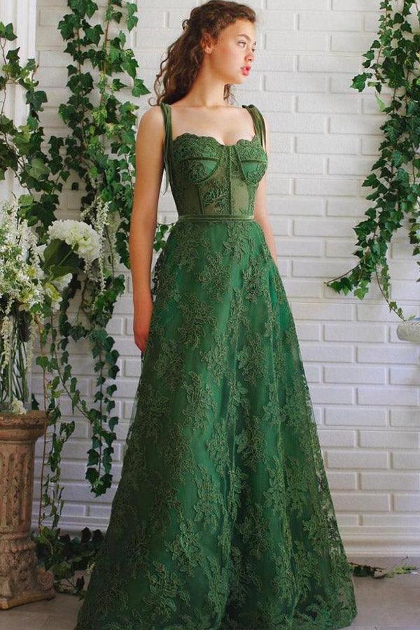 Dark Green Lace Prom Dresses Spaghetti Straps Neck A Line Formal Dress US10 / Custom Color Dark Green Lace Prom Dresses Spaghetti Straps Neck A Line Formal Dress US10 / Custom Color
