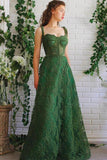 Dark Green Lace Prom Dresses Spaghetti Straps Neck A Line Formal Dress TX001