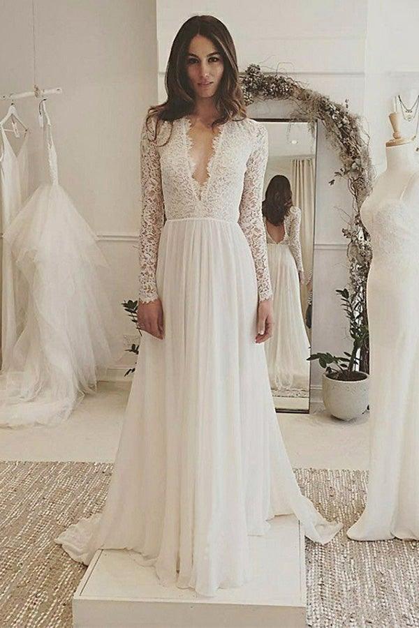 Deep V-Neck Long Sleeves Backless Ivory Chiffon Wedding Dress With Lace TN0084 - Tirdress