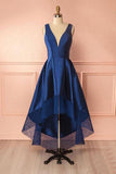 Deep Blue V Neck High Low Lace Satin Prom Dresses Bridesmaid Dresses PG384 - Tirdress