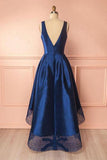 Deep Blue V Neck High Low Lace Satin Prom Dresses Bridesmaid Dresses PG384 - Tirdress