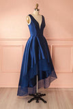 Deep Blue V Neck High Low Lace Satin Prom Dresses Bridesmaid Dresses PG384 - Tirdress