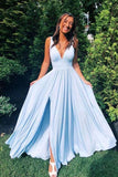 Deep V Neck Blue Satin Long Prom Dresses Simple Bridesmaid Dresses TP0953