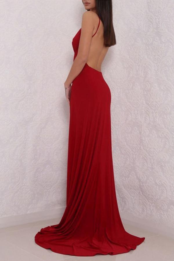 Deep V Neck High Slit Backless Red Prom Dresses Evening Dresses PG466 - Tirdress