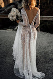 Deep V Neck A Line See Through Long Sleeves Sparkly Wedding Dresses TN273 - Tirdress