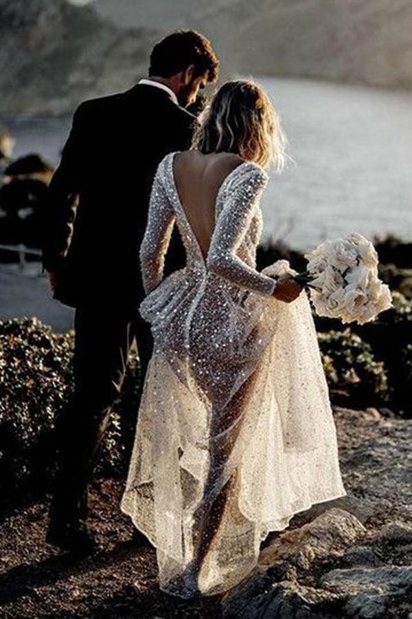 Deep V Neck See Through Long Sleeves Sparkly Wedding Dress TN273 US8 / Ivory Deep V Neck See Through Long Sleeves Sparkly Wedding Dress TN273 US8 / Ivory