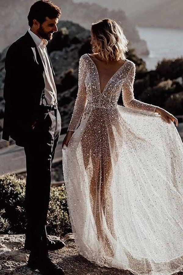 Deep V Neck See Through Long Sleeves Sparkly Wedding Dress TN273 US6 / Ivory Deep V Neck See Through Long Sleeves Sparkly Wedding Dress TN273 US6 / Ivory