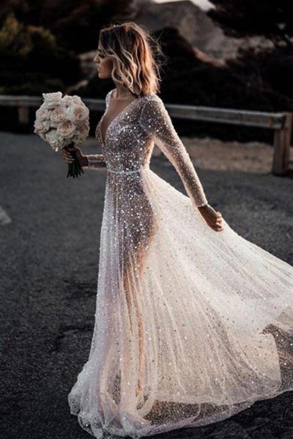 Deep V Neck See Through Long Sleeves Sparkly Wedding Dress TN273 US8 / Ivory Deep V Neck See Through Long Sleeves Sparkly Wedding Dress TN273 US8 / Ivory