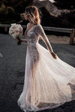 Deep V Neck  A Line See Through Long Sleeves Sparkly Wedding Dresses TN273