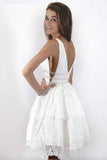 Deep Neck Short Prom Dress White Lace Homecoming Dress PG176