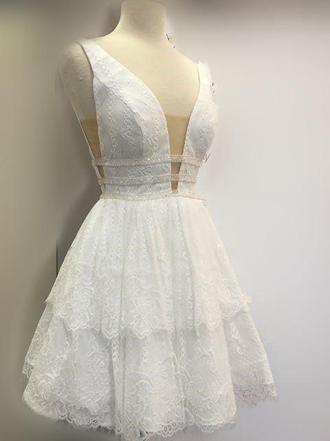 Deep Neck Short Prom Dress White Lace Homecoming Dress PG176 - Tirdress