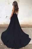 Deep V-Neck Court Train Sleeveless Backless Black Chiffon Prom Dress TP0050 - Tirdress