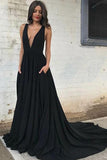 Deep V-Neck Court Train Sleeveless Backless Black Chiffon Prom Dress TP0050
