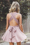 Deep V-Neck Criss-Cross Straps Short Blush Satin Homecoming Dress PG198 - Tirdress