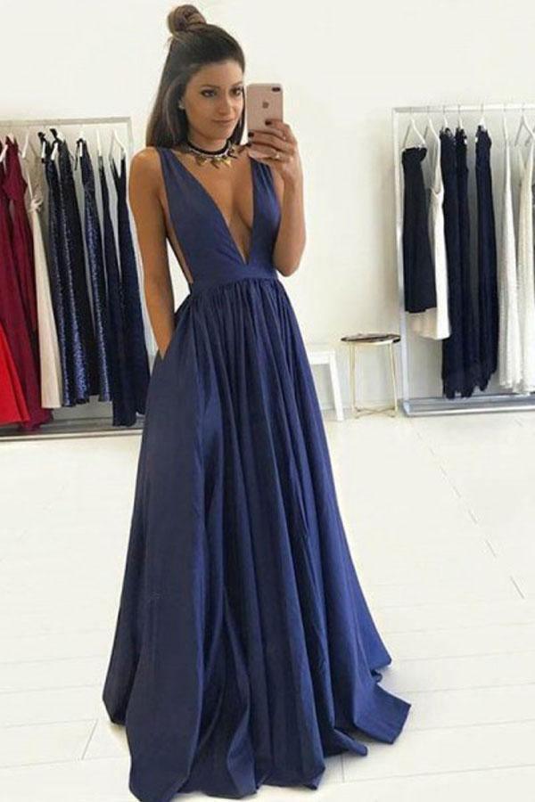 Deep V-Neck Floor-Length Royal Blue Taffeta Prom Dress with Pockets PG465 - Tirdress