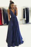 Deep V-Neck Floor-Length Royal Blue Taffeta Prom Dress with Pockets PG465 - Tirdress