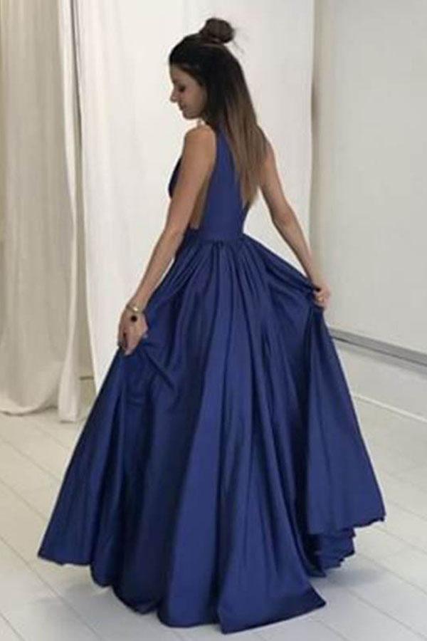 Deep V-Neck Floor-Length Royal Blue Taffeta Prom Dress with Pockets PG465 - Tirdress