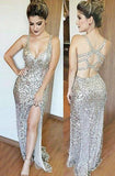 Deep V-Neck Floor-Length Split-Side Open Back Silver Sequined Prom Dress TP0067