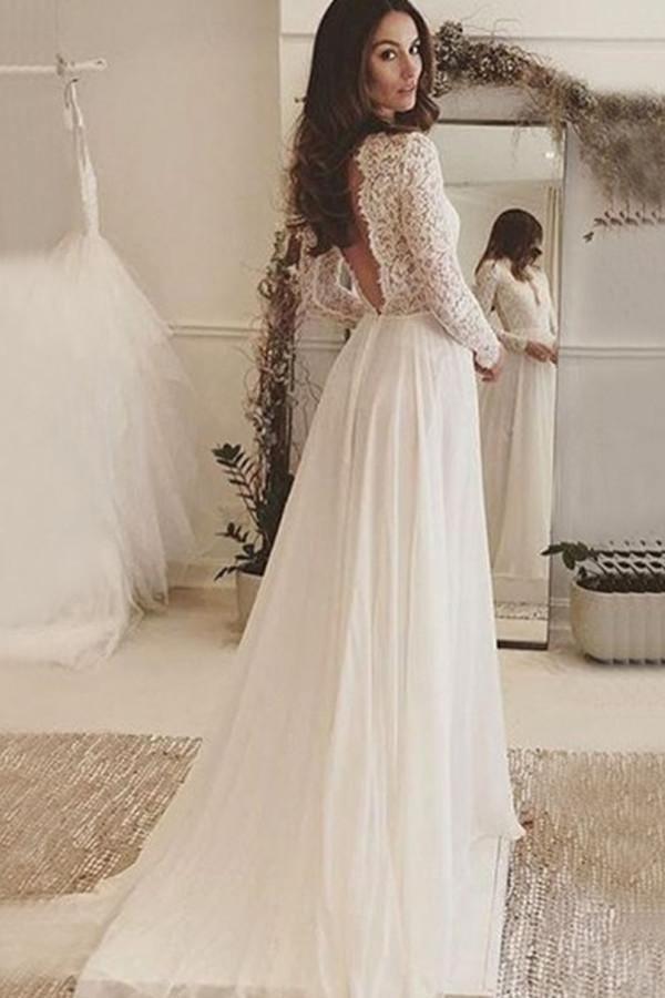 V-Neck Long Sleeves Backless Ivory Chiffon Wedding Dress With Lace As Picture / US10 V-Neck Long Sleeves Backless Ivory Chiffon Wedding Dress With Lace As Picture / US10