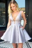 Deep-V Neck Short Homecoming Dresses A-line Satin Party Gowns HD0127