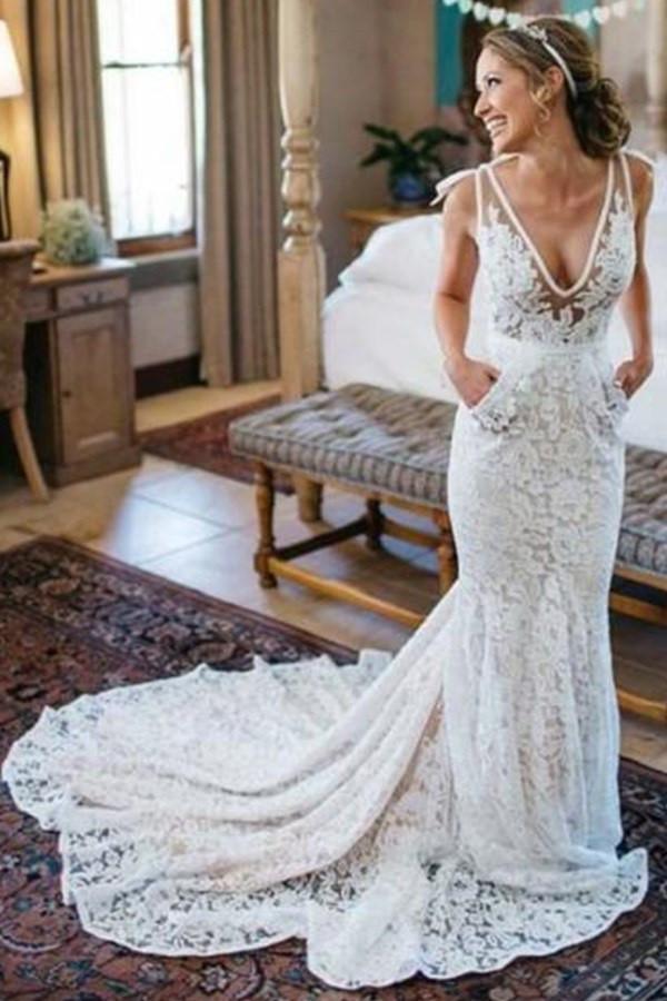 Deep V-Neck Sleeveless Ruched Backless Lace Court Train Wedding Dress TN0072 - Tirdress