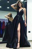 Deep V-Neck Split Side Black Sweep Train Satin Backless Prom Dress PG478