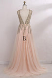 Deep V-Neck Sweep Train Sleeveless Pink Tulle Prom Dress with Beading PG453 - Tirdress